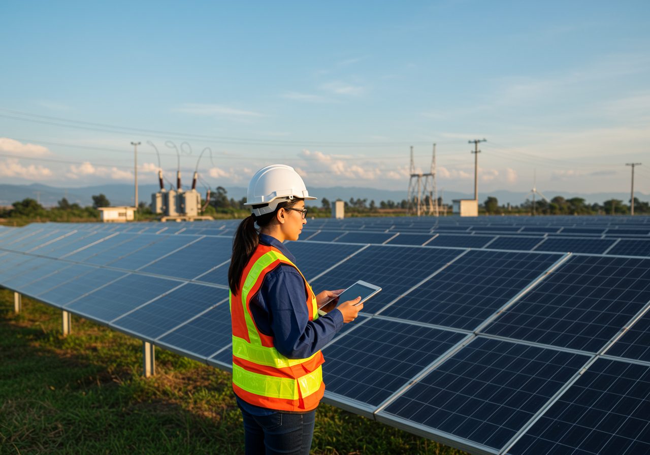 Ingeniera de campo supervisando parque solar fotovoltaico - consultoría integral de proyectos energéticos
