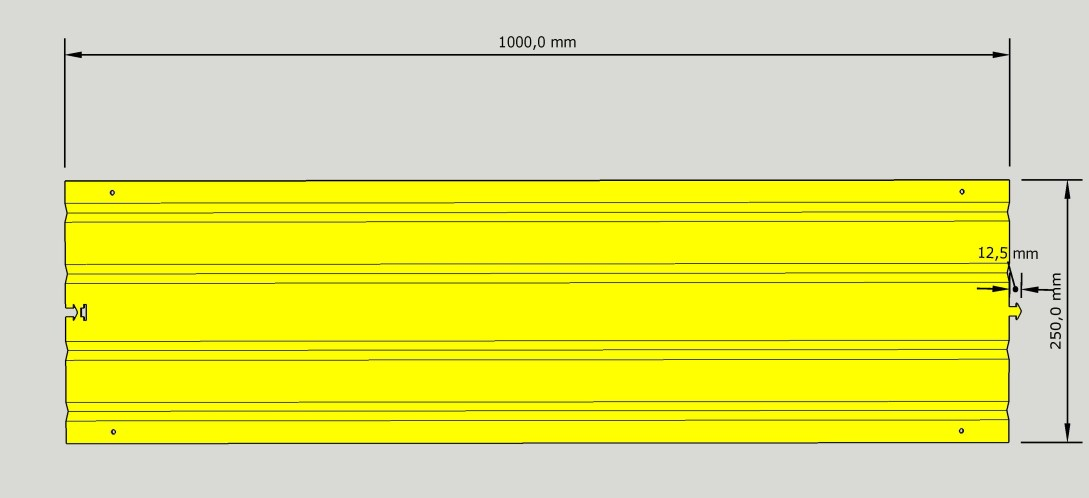 Plano acotado de la placa de protección: 1000 mm de largo, 250 mm de ancho y 12,5 mm de altura de perfil