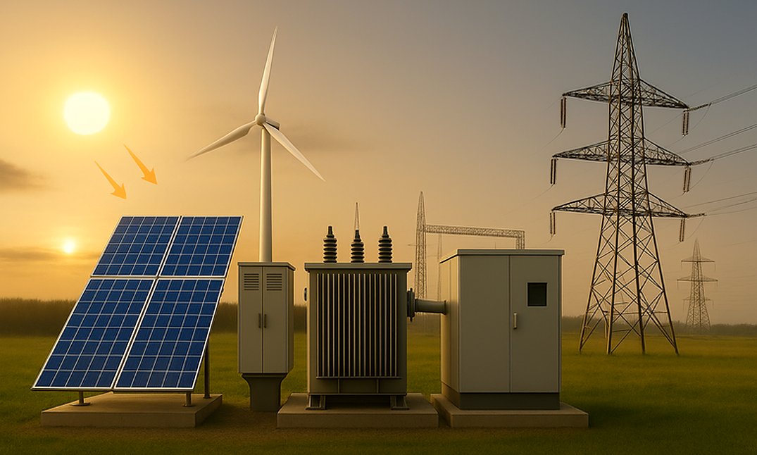 Esquema de un campo de generación con paneles solares, aerogenerador, transformador, celda de media tensión y línea, con los cinco puntos donde van los accesorios para cable